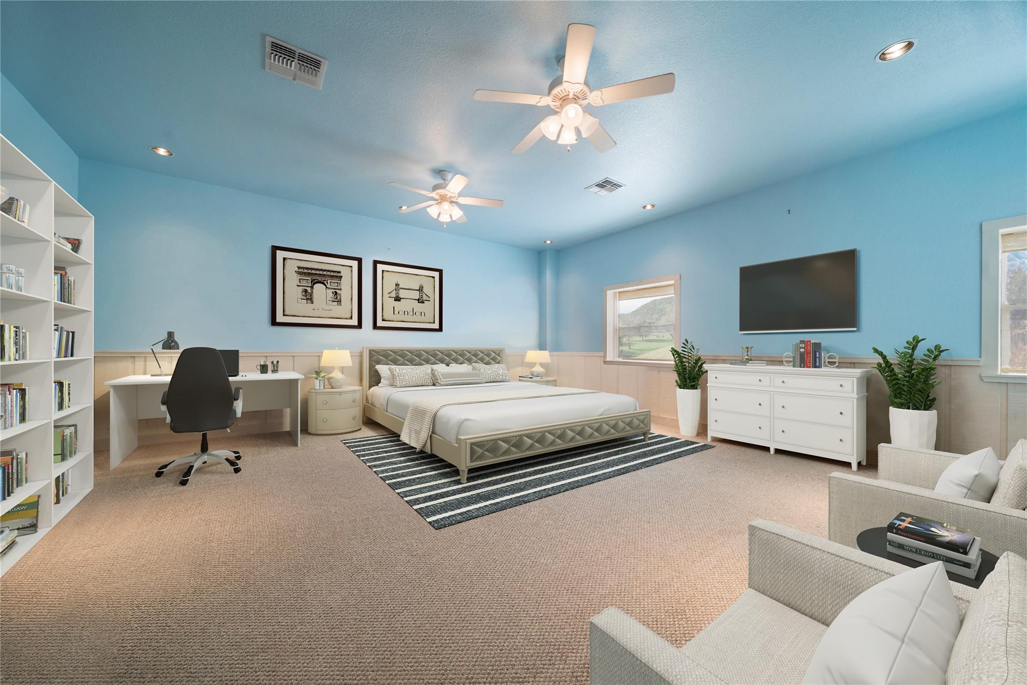 Carpeted bedroom featuring wainscoting, a desk, a ceiling fan, and recessed lighting