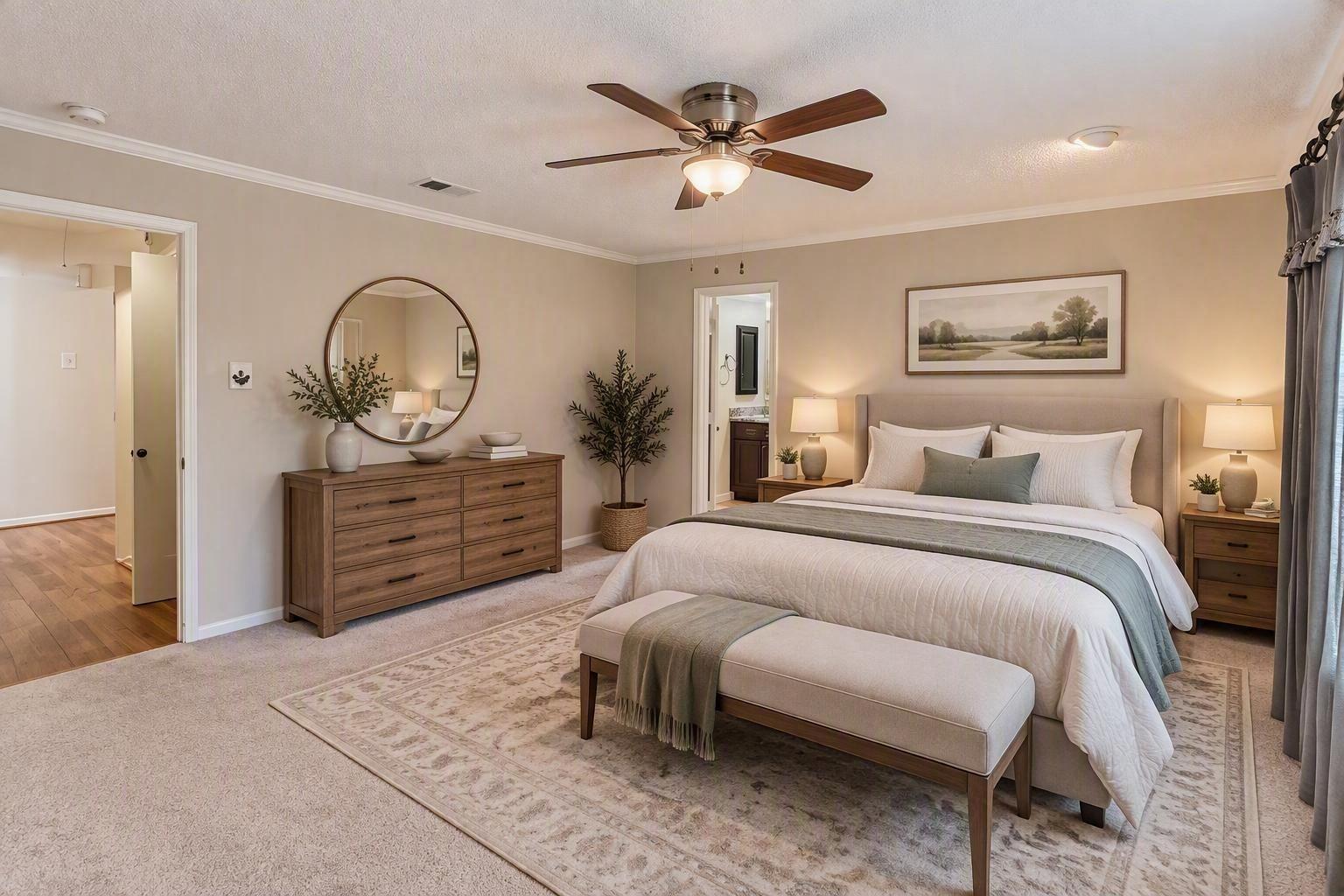 Primary suite is virtually staged