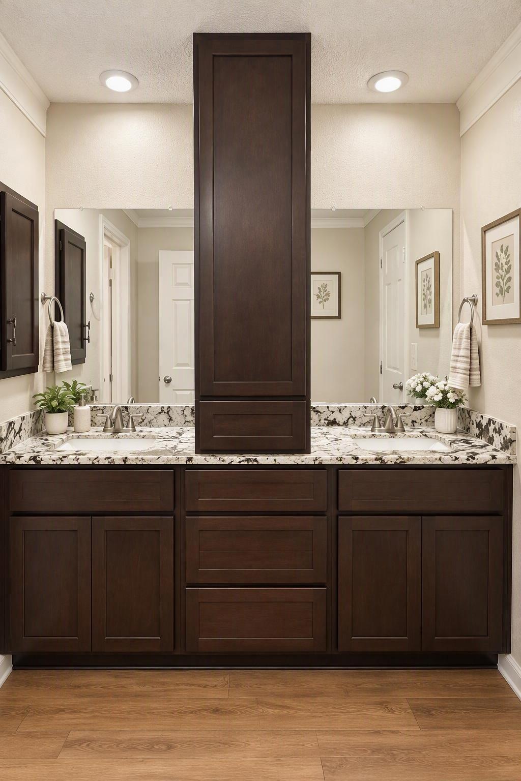 Dual vanity sinks with abundant storage and granite counters creates an ease of readiness for your morning routines.