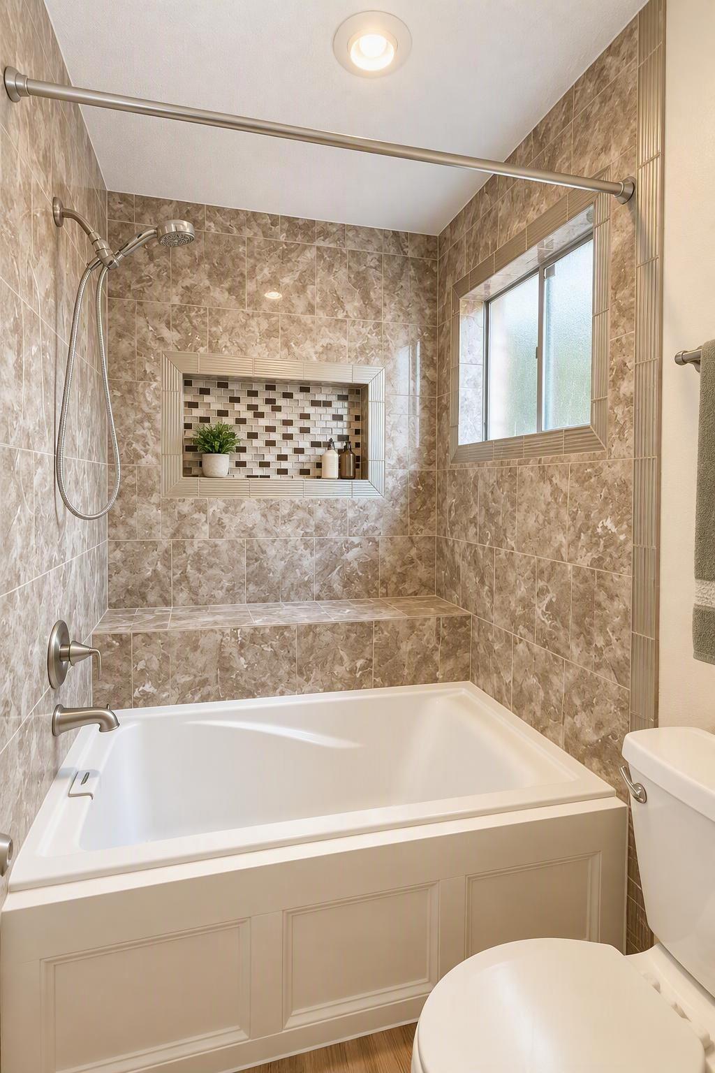 Soaking tub/Show combo with product storage shelf is perfect for guests, chikdren and a decorative sitting bench for luxurious foot soaks.