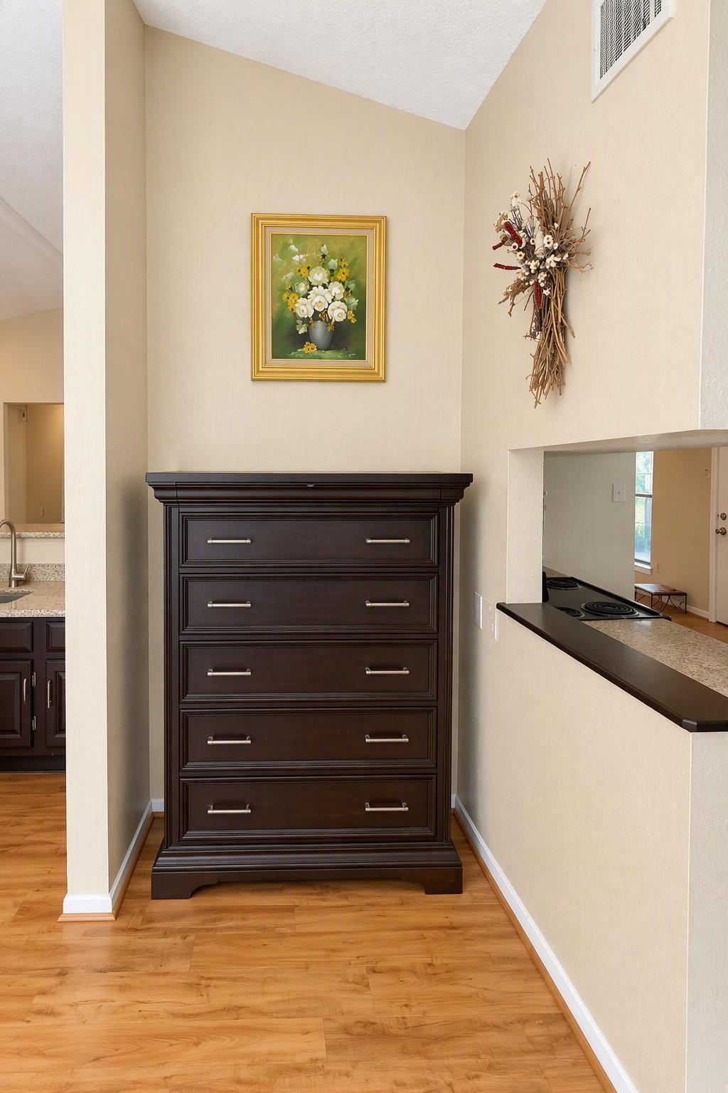 Hutch are and dry bar are perfect for extra seating, or a quick meal on the go