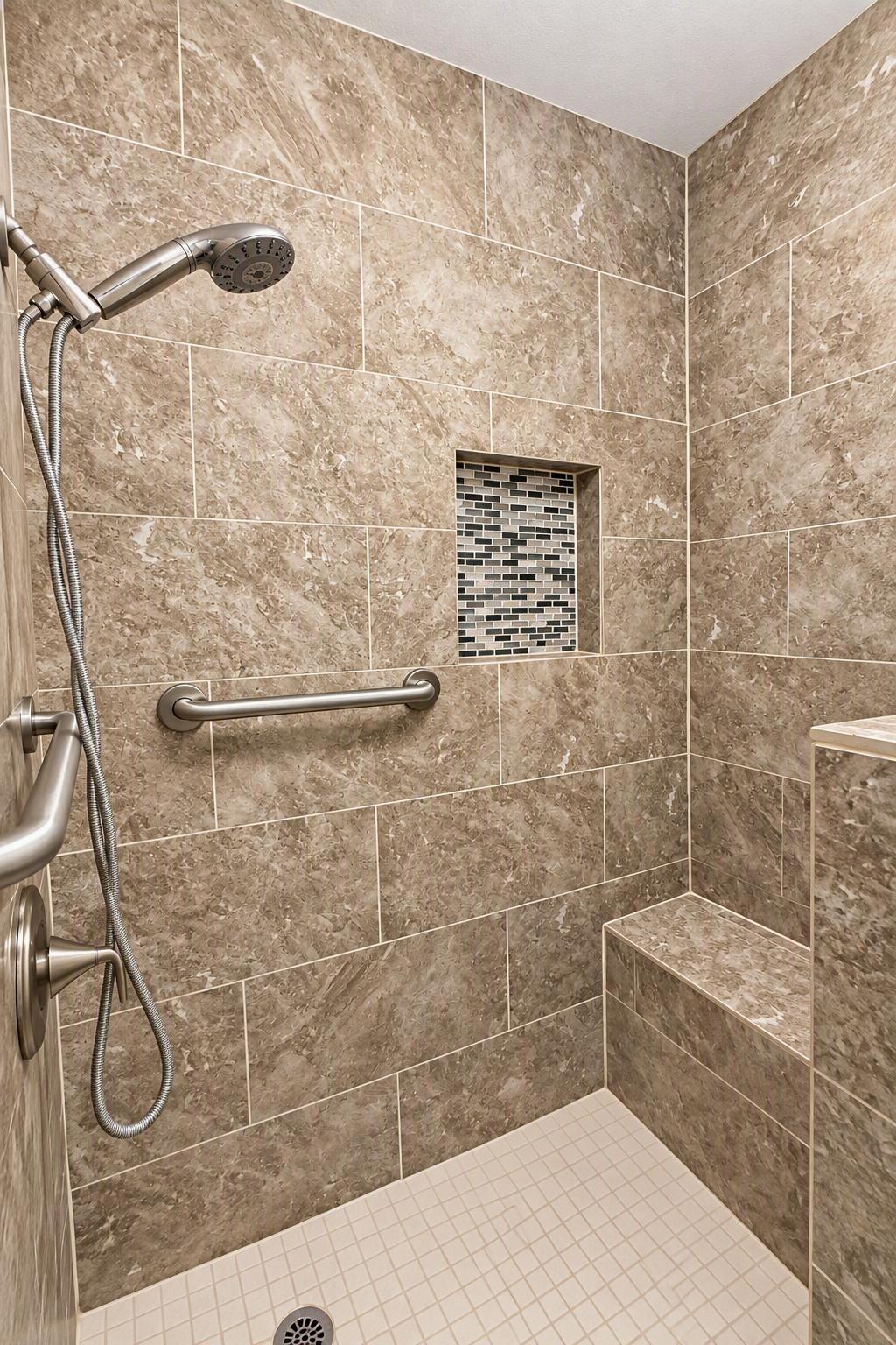 Walk in shower, with sitting bench, Stationary or handheld shower-head options, product storage shelf